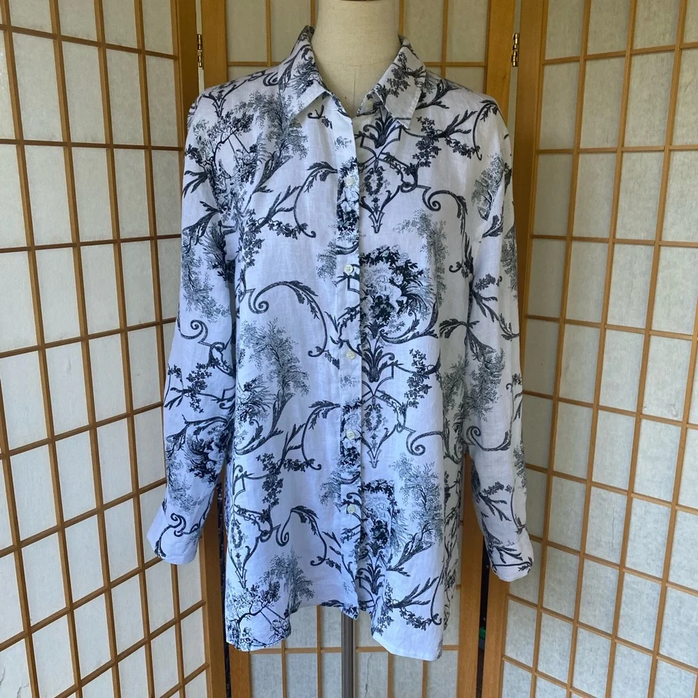 Alice Blue 100% Linen Button Up Print Blouse SZ Xl